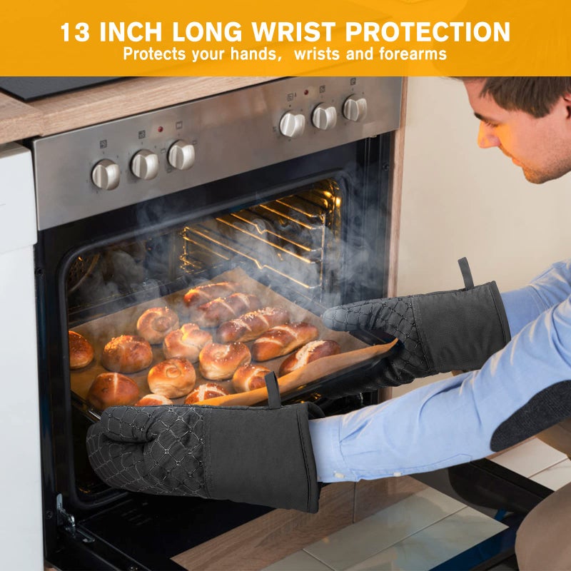 Wsedor 6 Pcs Oven Mitts and Pot Holders, 500â„‰ Heat Resistant Oven Mitts with Kitchen Towels Soft Cotton Lining and Non-Slip Silicone Surface Safe for Baking, Cooking, BBQ (Black) - Image 4
